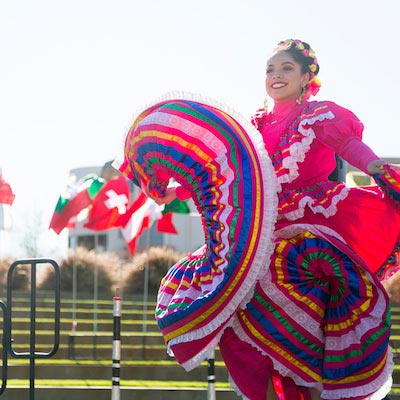 An LMU student folklorico dancer in motion.